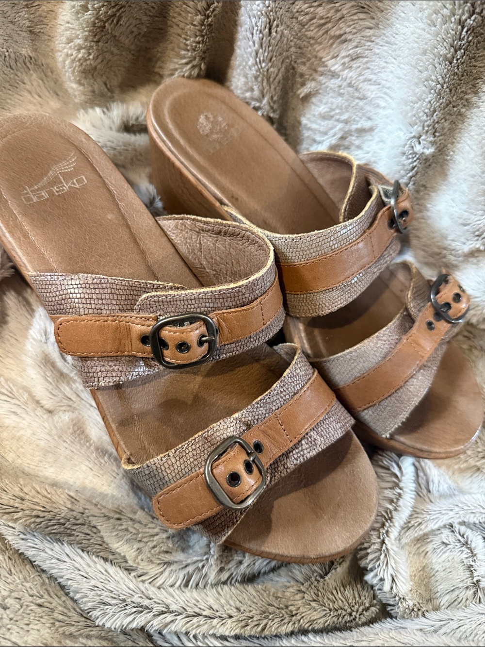 Dansko Tan and Beige Leather Buckle Wedge Mules
